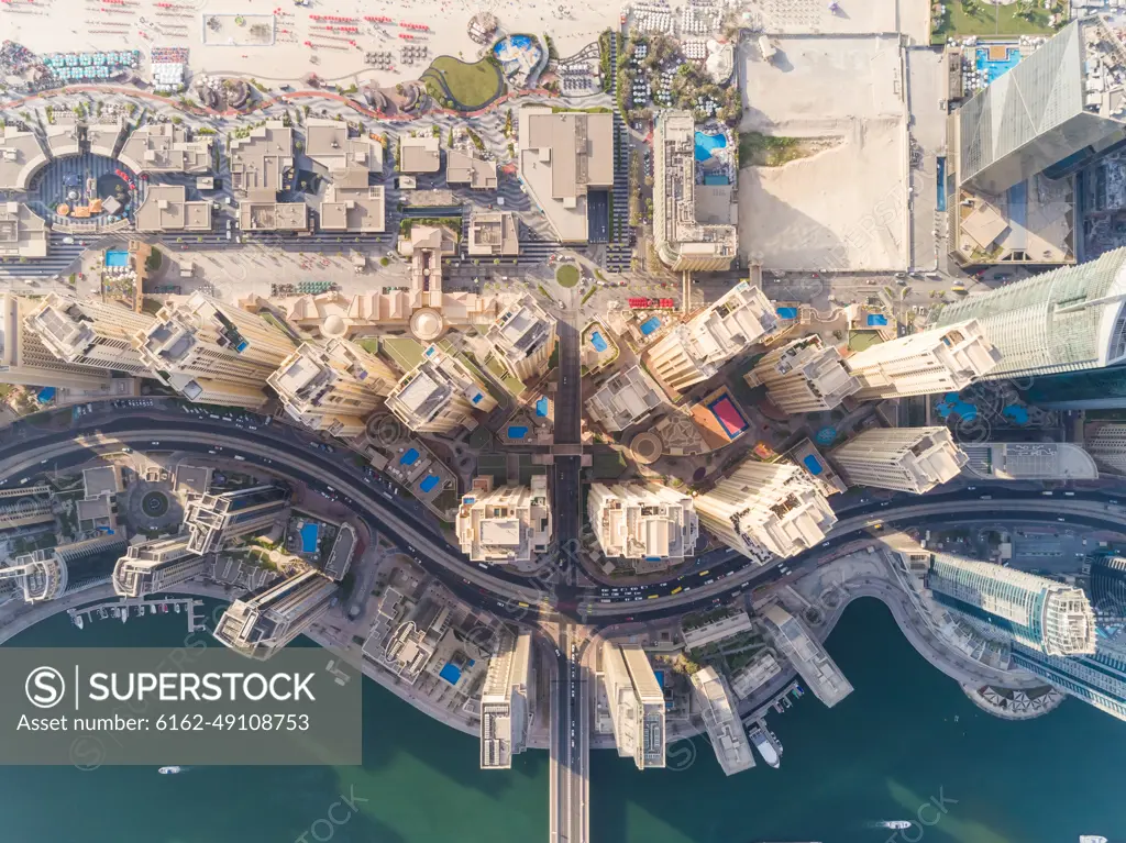 Aerial view of buildings in Dubai Marina, Dubai, United Arab Emirates