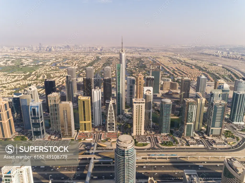 Aerial view of buildings in Dubai Marina, Dubai, United Arab Emirates