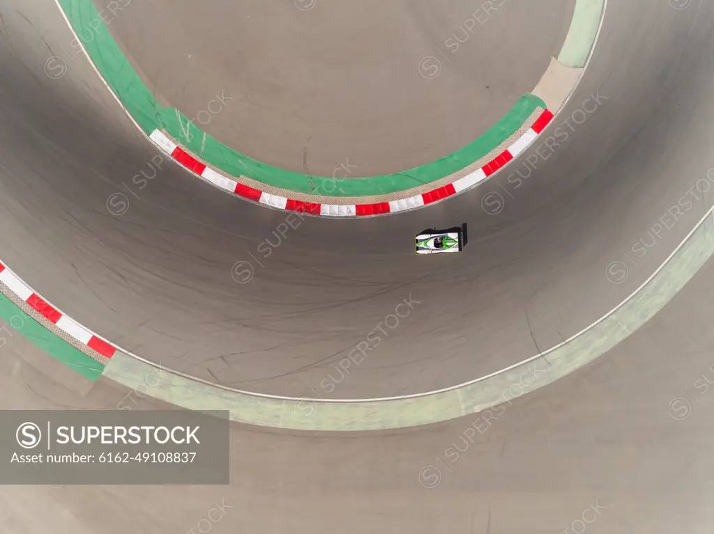 Aerial view of a car on a track, Motor City, Dubai, United Arab Emirates