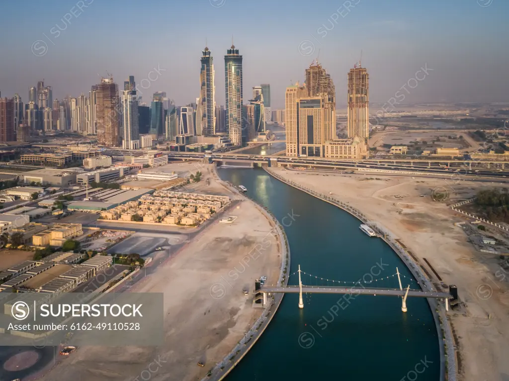 Aerial view of Dubai canal and Skyscrapers in U.A.E.