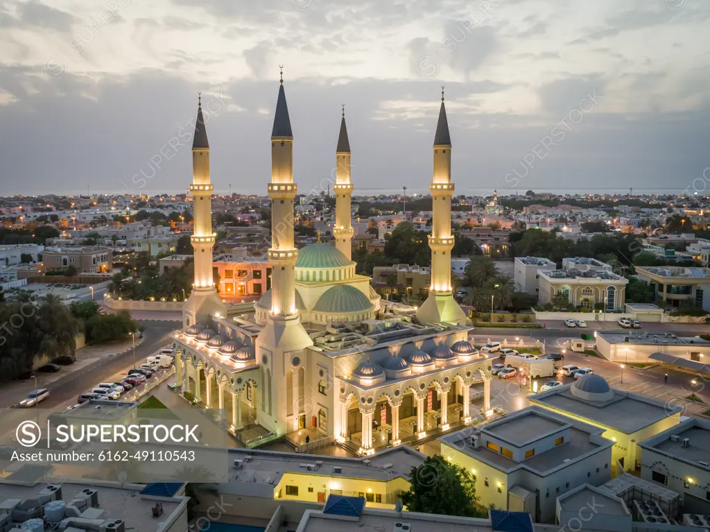 Aerial view of Al Farooq Omar Bin Al Khattam Mosque in Dubai, UAE.