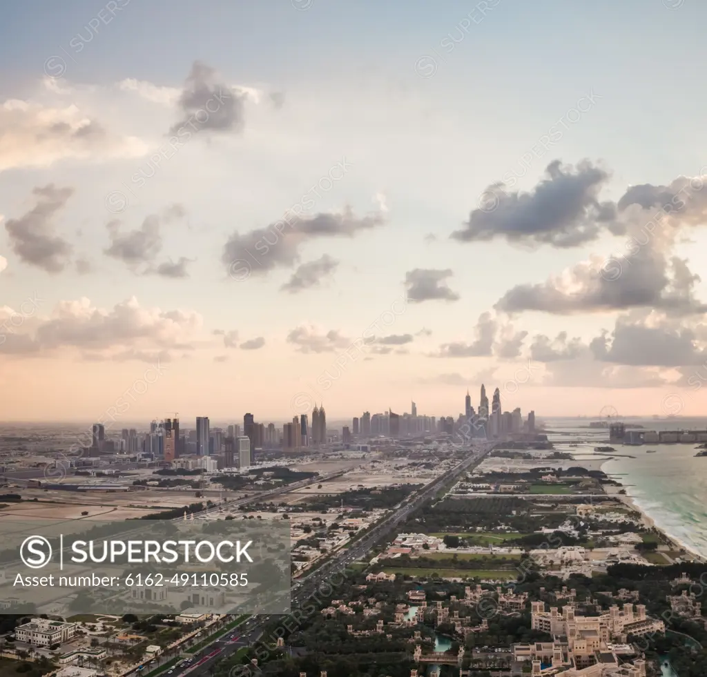 Aerial view of the skyscrapers from the suburb of Dubai, U.A.E.