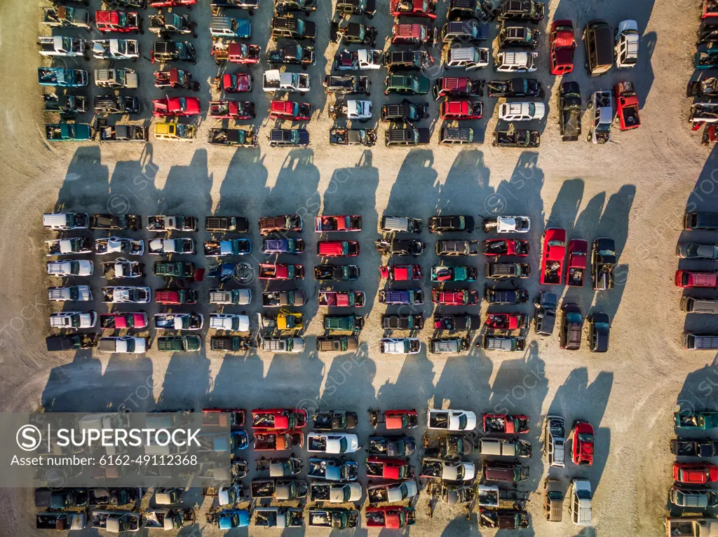 Aerial view of old cars parked on terrain, Chicago, USA.