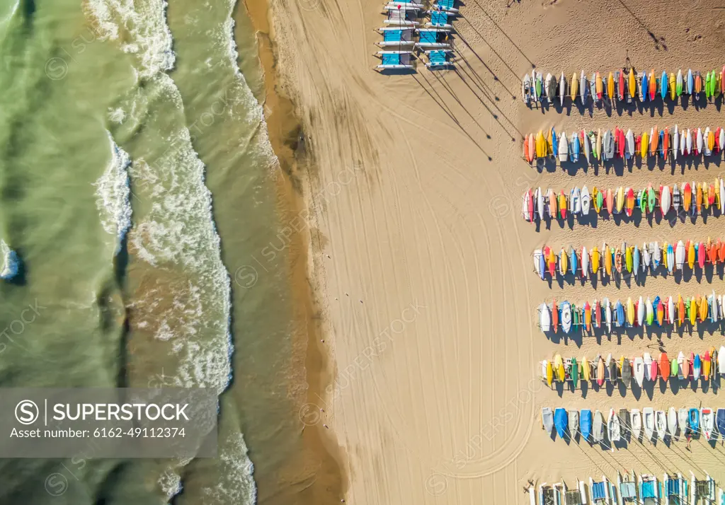 Aerial view of colorful kayak at Gilson Beach, Wilmette, USA.