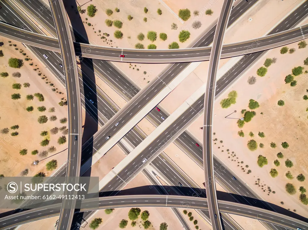 Aerial view of multi-lane road intersection on desert landscape, Las Vegas, USA.