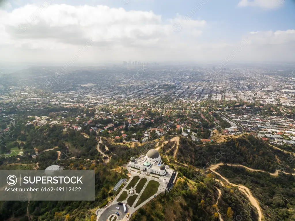 Aerial view of Griffith Observatory with Los Angeles in the background, USA.