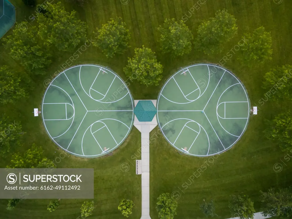 Aerial view of public basketball at public park, Chicago, USA.