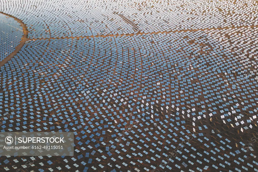 Aerial view of a concentrated solar thermal plant at sunrise, Mojave Desert, California, near Las Vegas, United States.