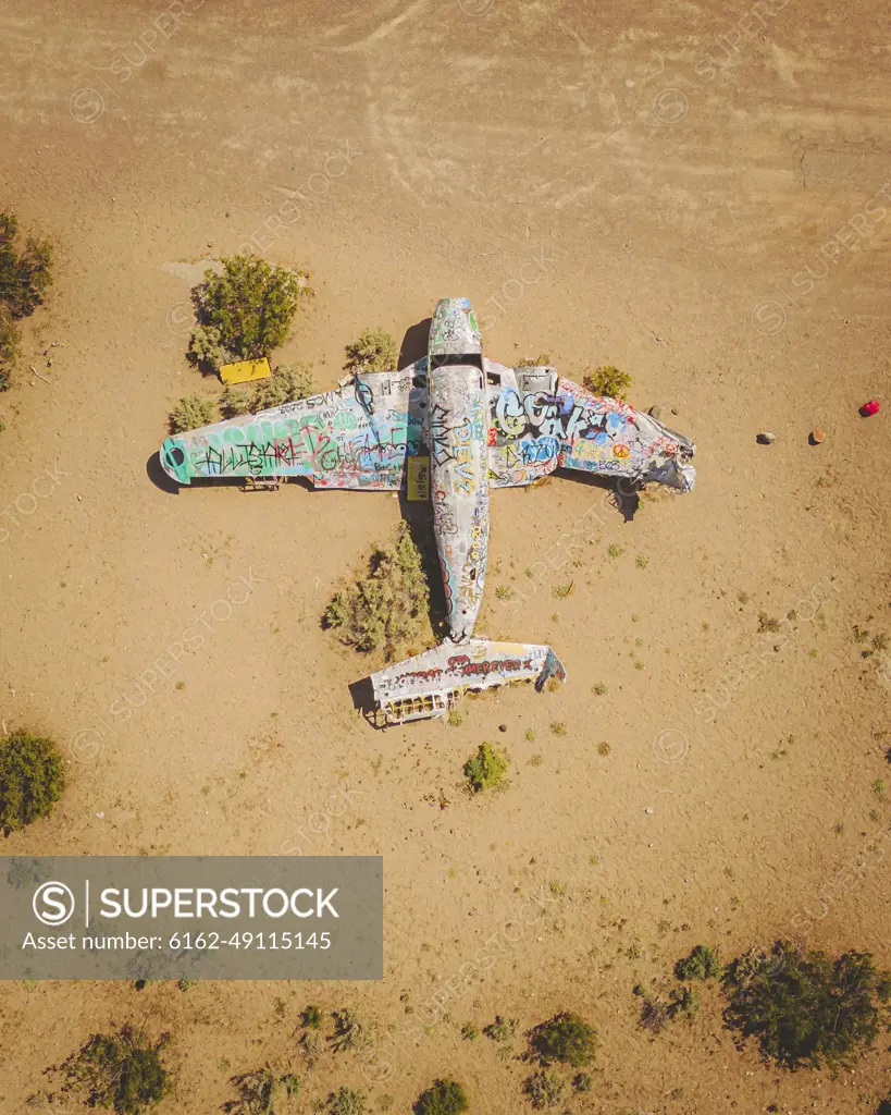 Nevada, USA - 02 May 2023: Aerial view of an abandoned airplane near Beatty, Nevada, United States.