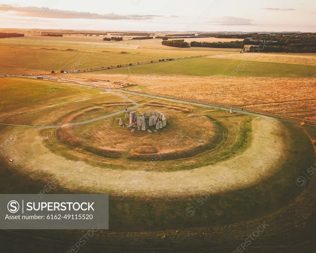 Aerial view of the famous Stonehenge rock sculpture at sunset, England, United Kingdom.