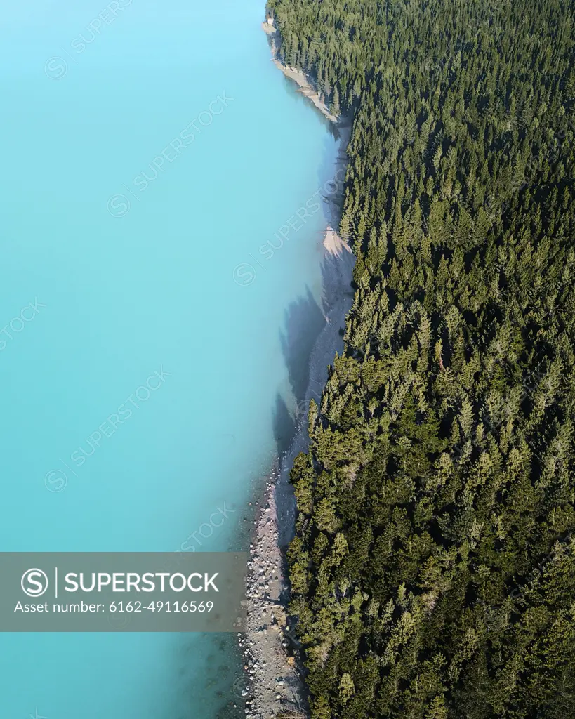 Aerial view of evergreen trees and glacial water at the edge of Lake Pukaki, Canterbury Region, South Island, New Zealand