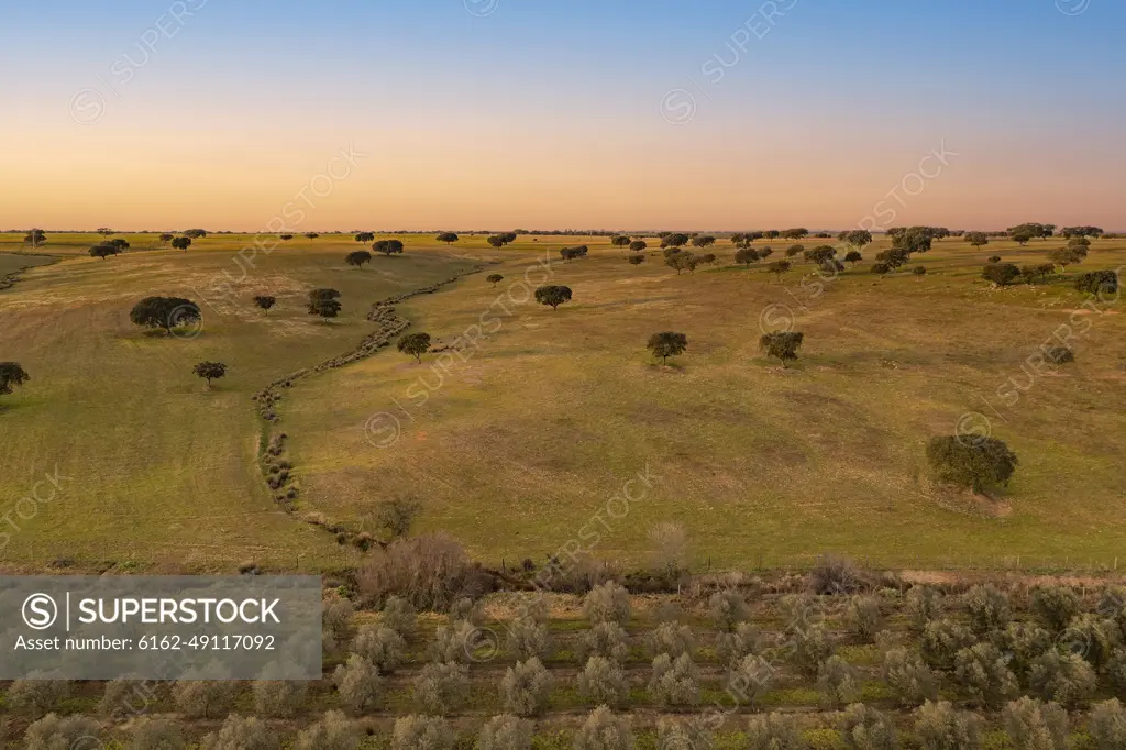 Aerial view of Albernoa countryside at sunset, Beja, Portugal.