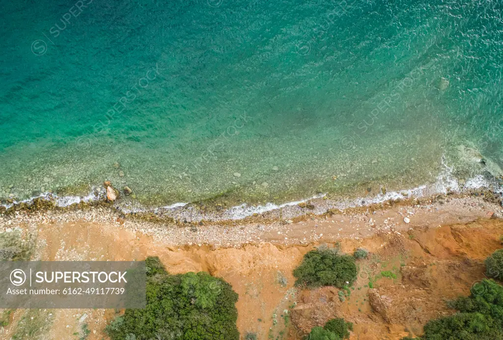 Aerial view of the empty beach at Fokida, Greece