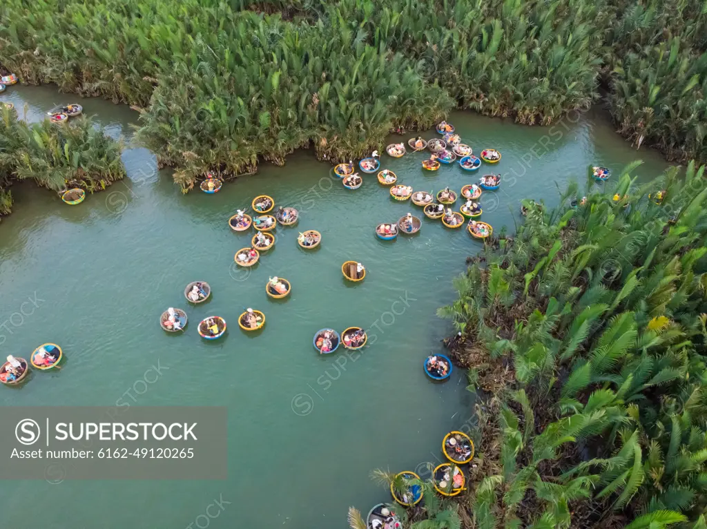 Aerial view of tourists at Coconut boats of Cam Thanh in Hoi An, Vietnam.