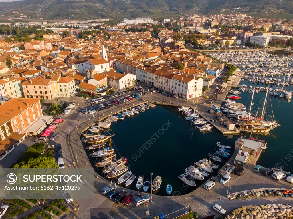 Aerial view of boat at small marina in Izola, Slovenia.