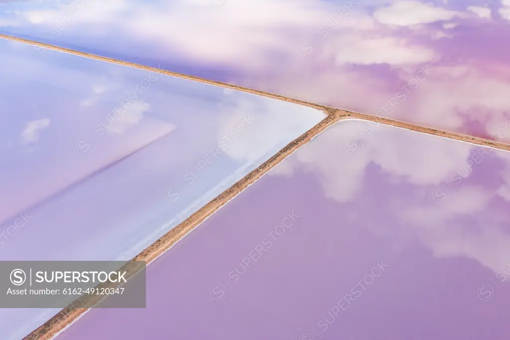 Aerial view of a pink lake, Lochiel, South Australia, Australia