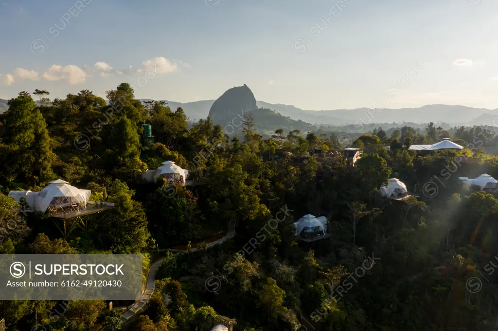 Aerial view of Bosko with Piedra del Penol in the background, Guatapé, Antioquia, Colombia