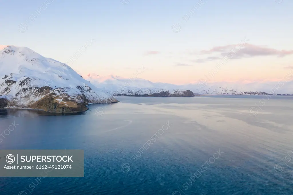 Aerial view of snow covering Amaknak Island, Unalaska, AK, USA.