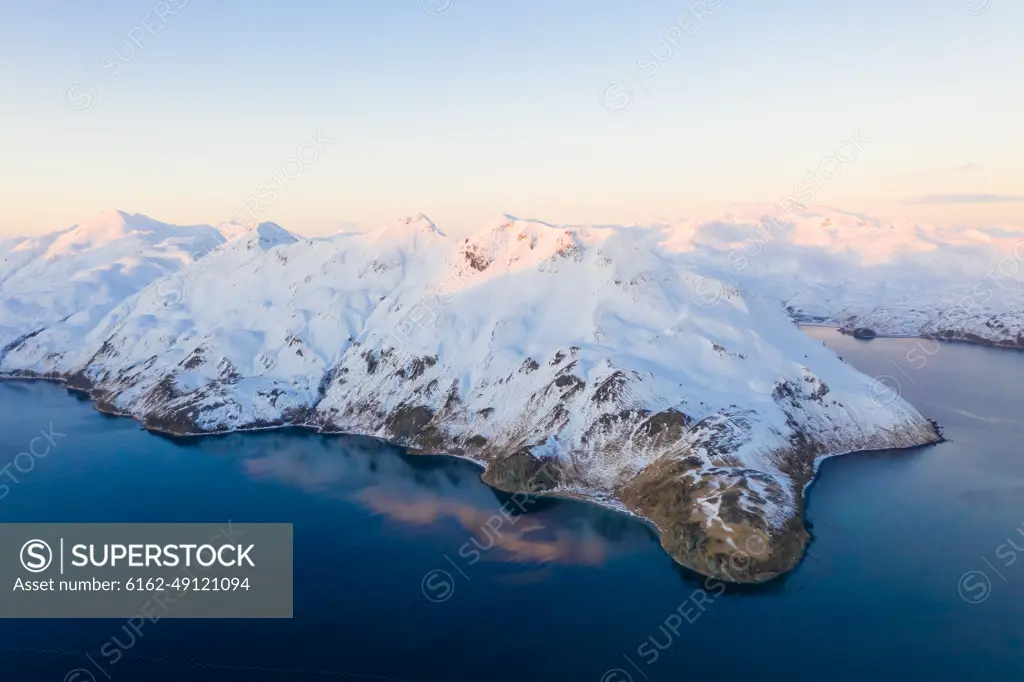 Aerial view of snow covering Amaknak Island, Unalaska, AK, USA.