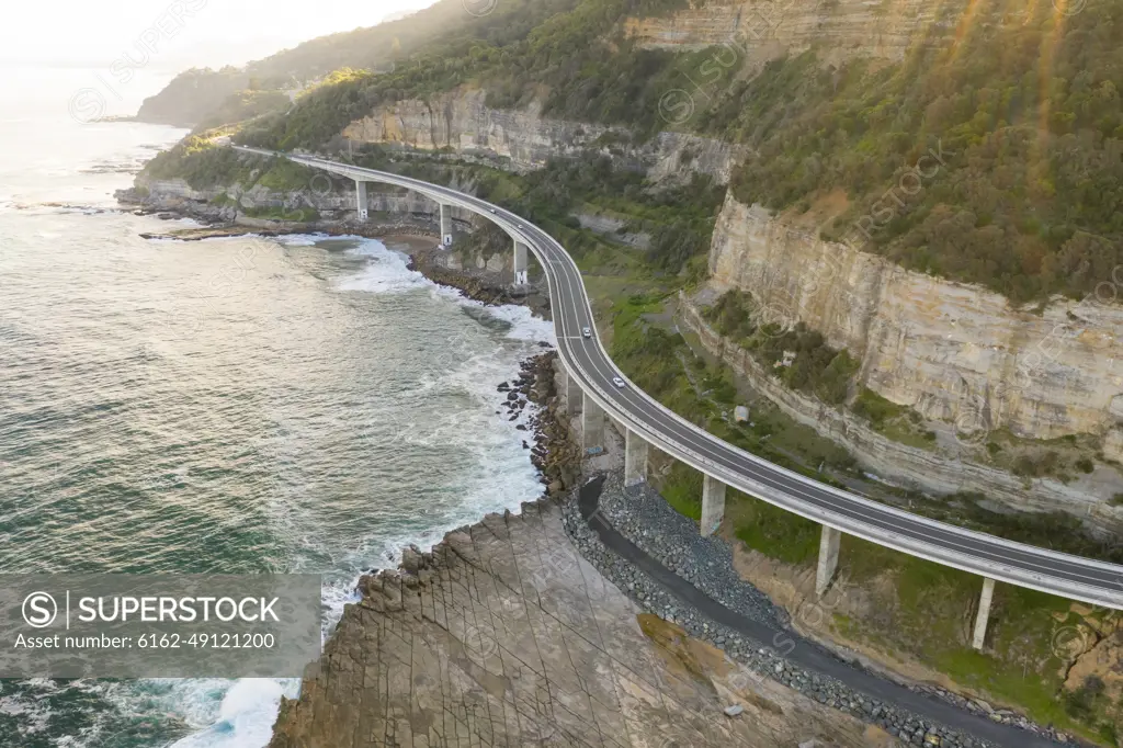 Aerial view of road crossing coastal line at New South Wales, Australia