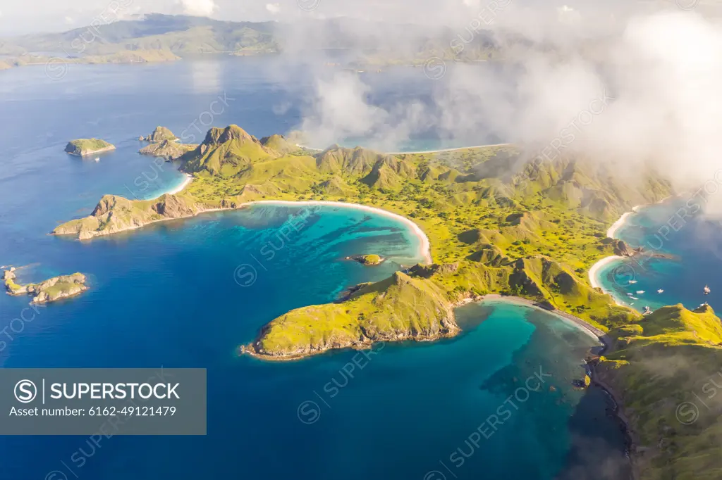 Scenic aerial view of Padar islands during day, Indonesia.