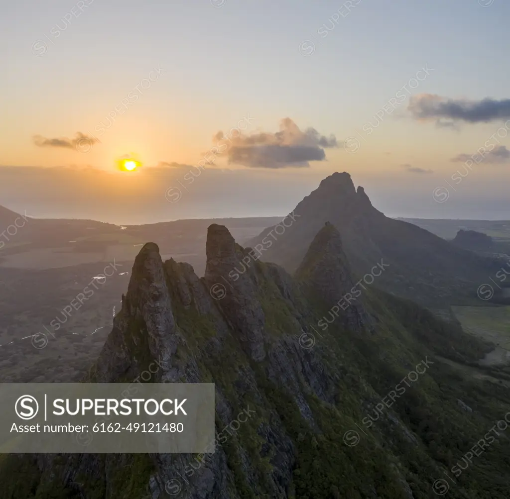 Aerial view of a Trois Mamelles, a mountain peak view during sunset near Vacoas Phoenix, Mauritius.