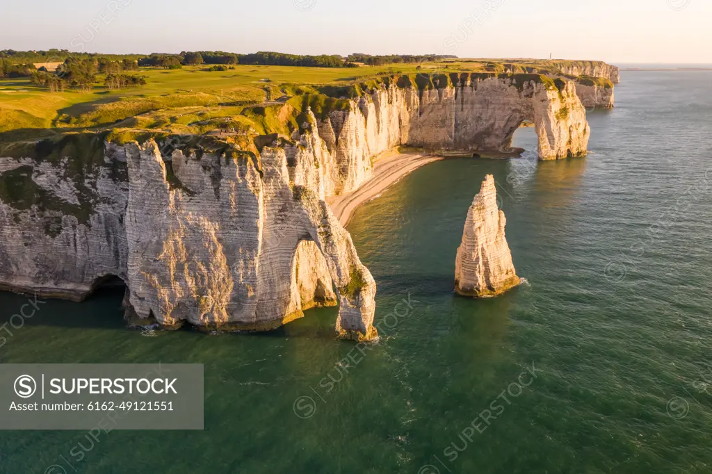 Aerial view of Falaise d'Aval on the shore of Normandy, Etretat, France