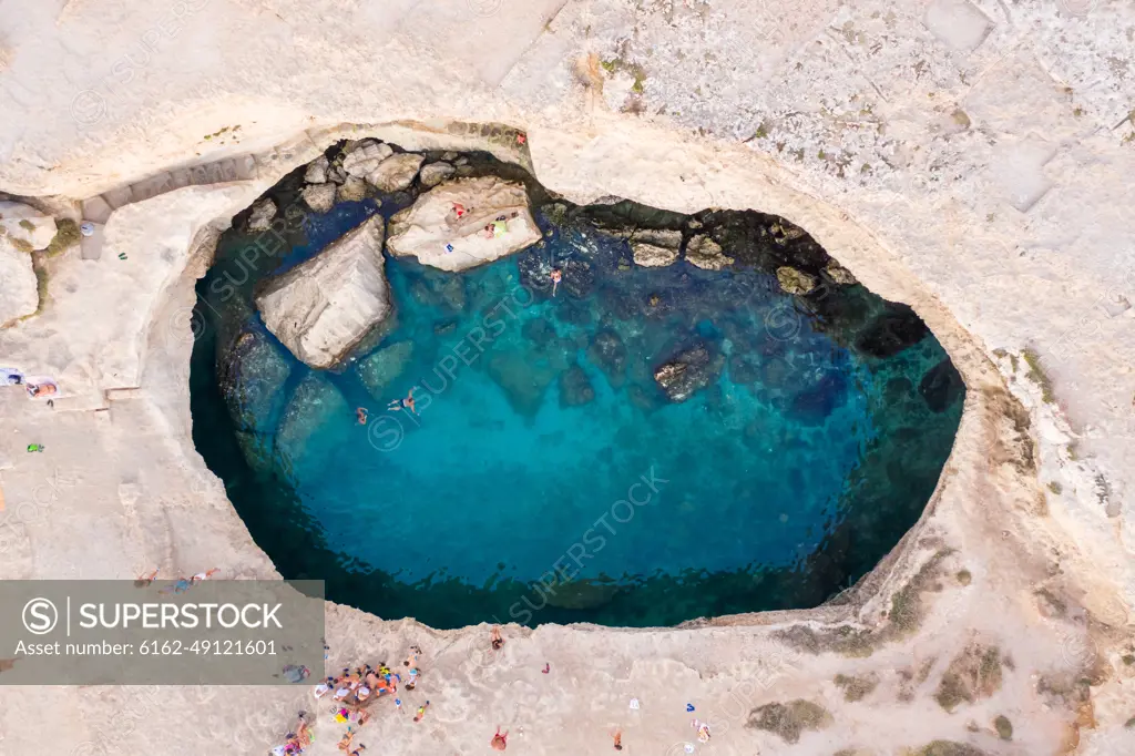 Aerial view of a water crater in Madonna di Rocca Vecchia, Province of Lecce, Italy