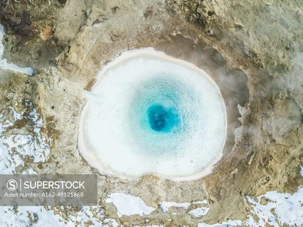 Aerial view of Strokkur geysir in Iceland.