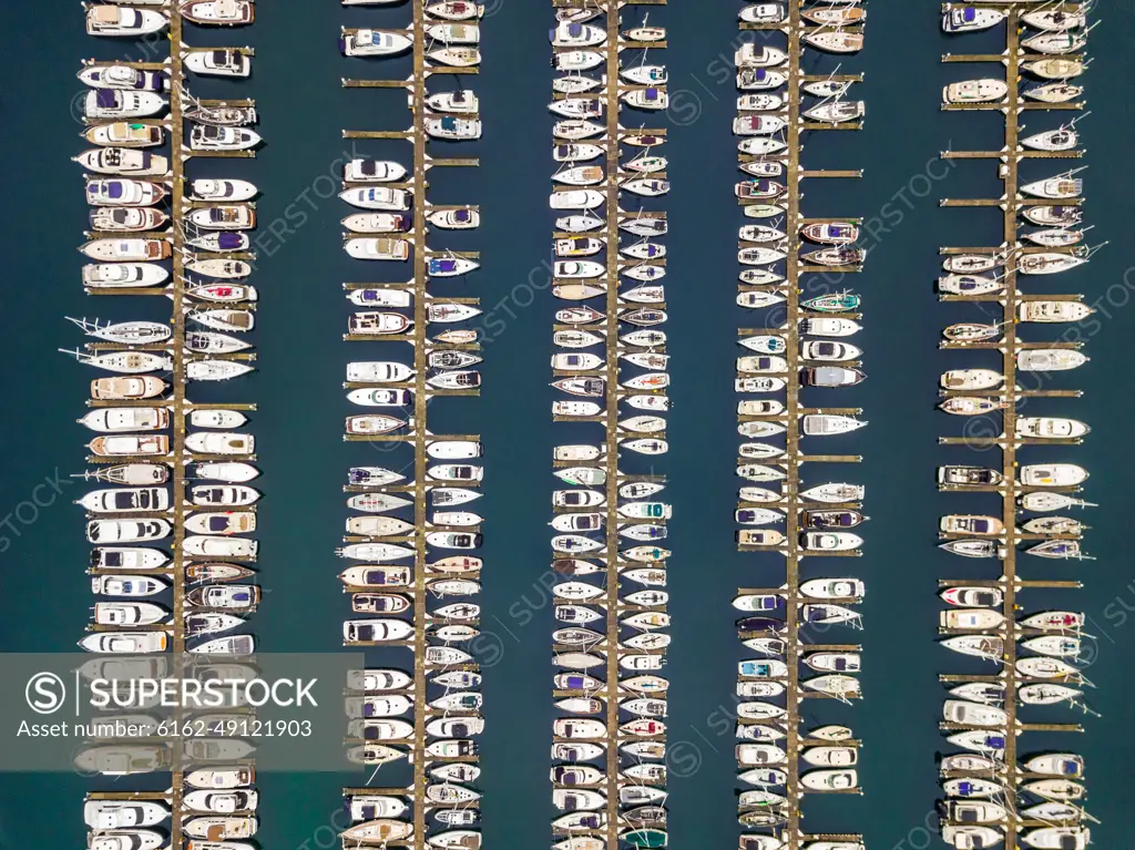 Aerial close up view of boats in Smith Cove, Elliot Bay in Seattle, USA.