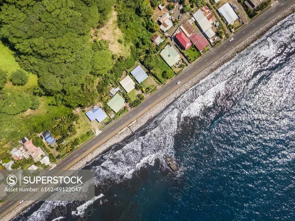 Aerial view of Tahiti coastline in French Polynesia.