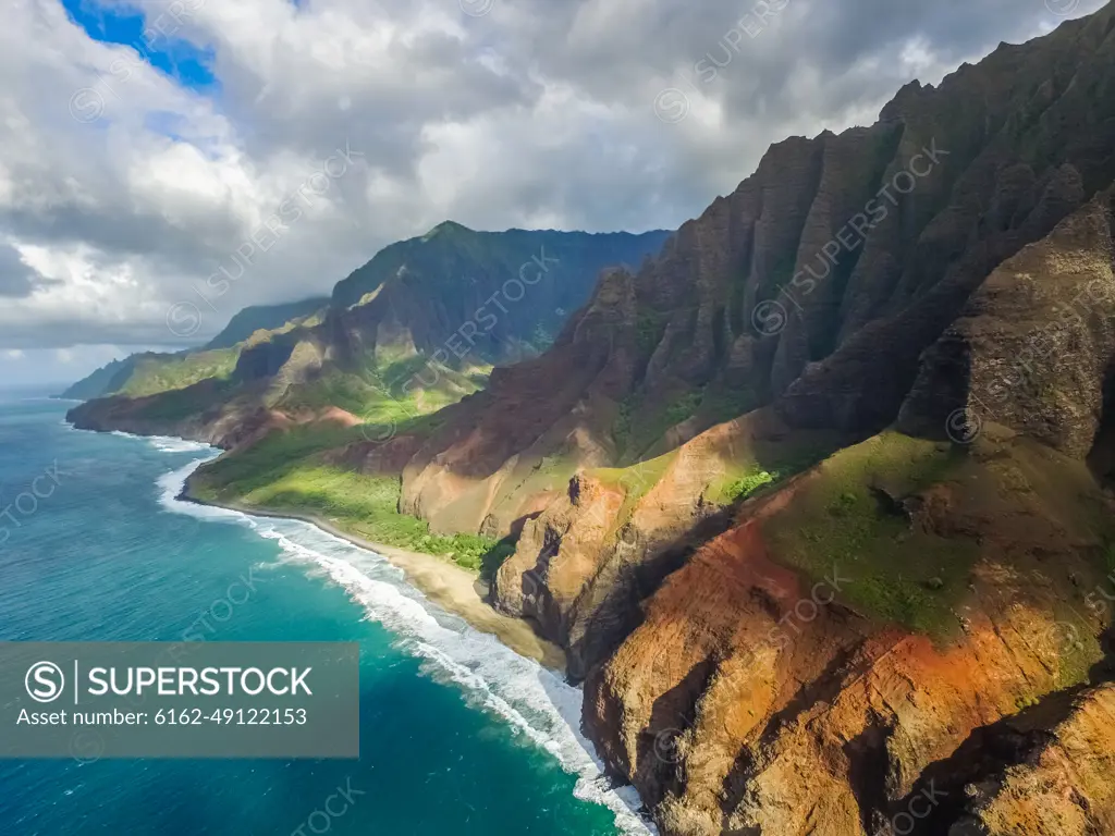 Aerial view of The Nā Pali Coast state Park in Hawaii, USA.