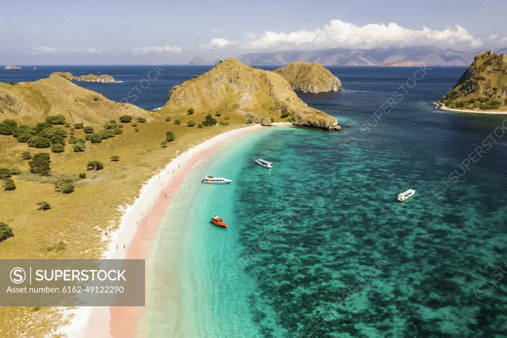 Aerial view of Pink Beach in Komodo National Park in Indonesia.