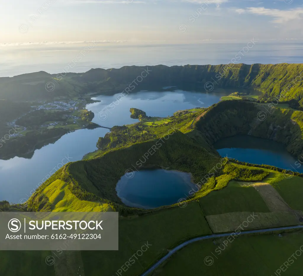 Aerial View of Volcanic lake Lagoa de Santiago, Candelaaria, Azores, Portugal.