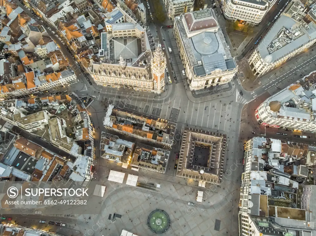 Aerial view of Lille historical downtown in France.