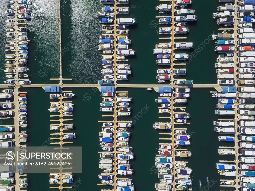 Aerial view of an harbour in Wahweap bay in Arizona, USA.