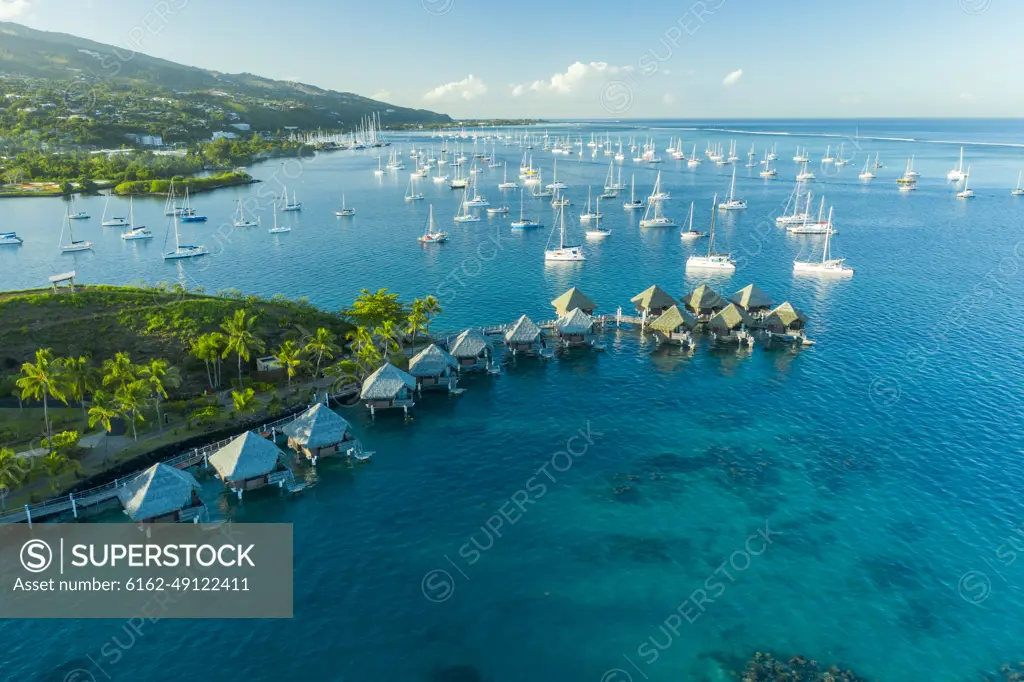 Aerial view of a luxury hotel and resort in Tahiti, French Polynesia.