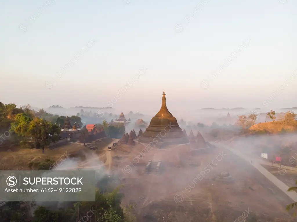 Aerial view of Mrauk-U pagoda in Myanmar.