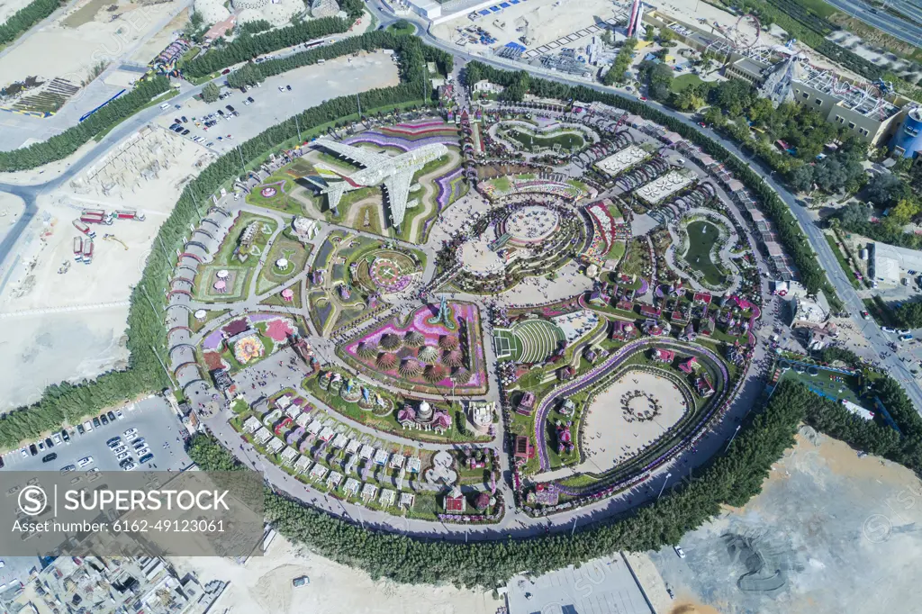 Aerial view of Dubai Miracle garden, Dubai, United Arab Emirates.