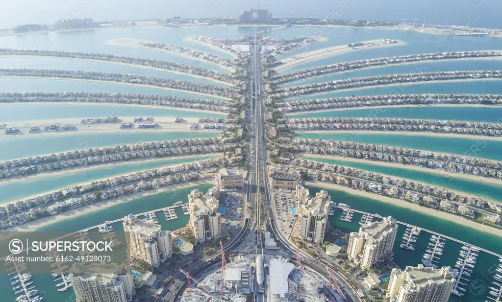 Aerial view of the Palm Jumeirah, Dubai, United Arab Emirates.