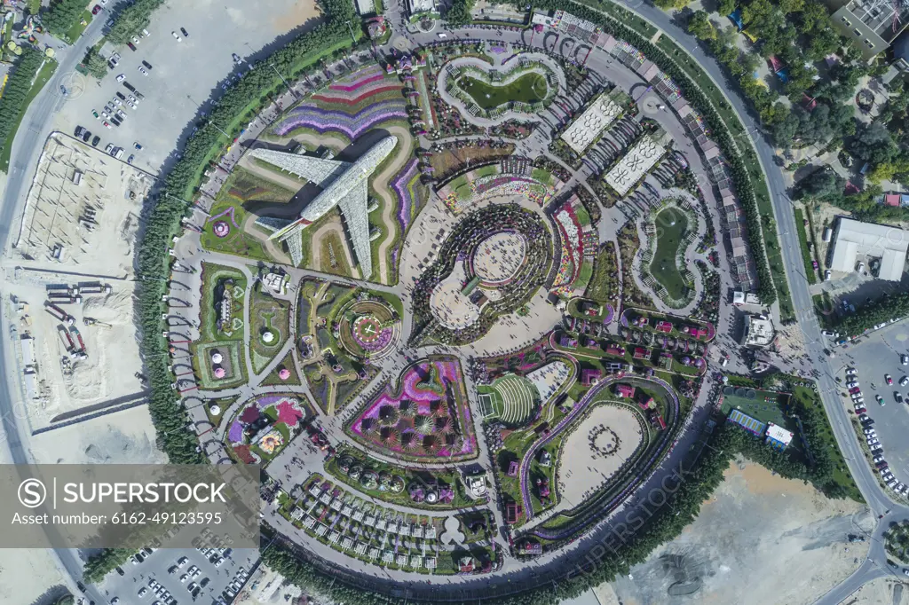 Aerial view of Dubai Miracle garden, Dubai, United Arab Emirates.