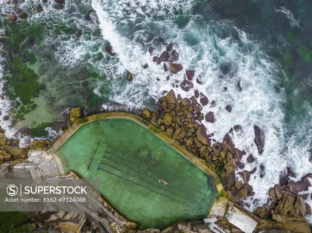 Aerial view of Bronte Baths, an oceanside saltwater pool, Sydney, New South Wales, Australia.