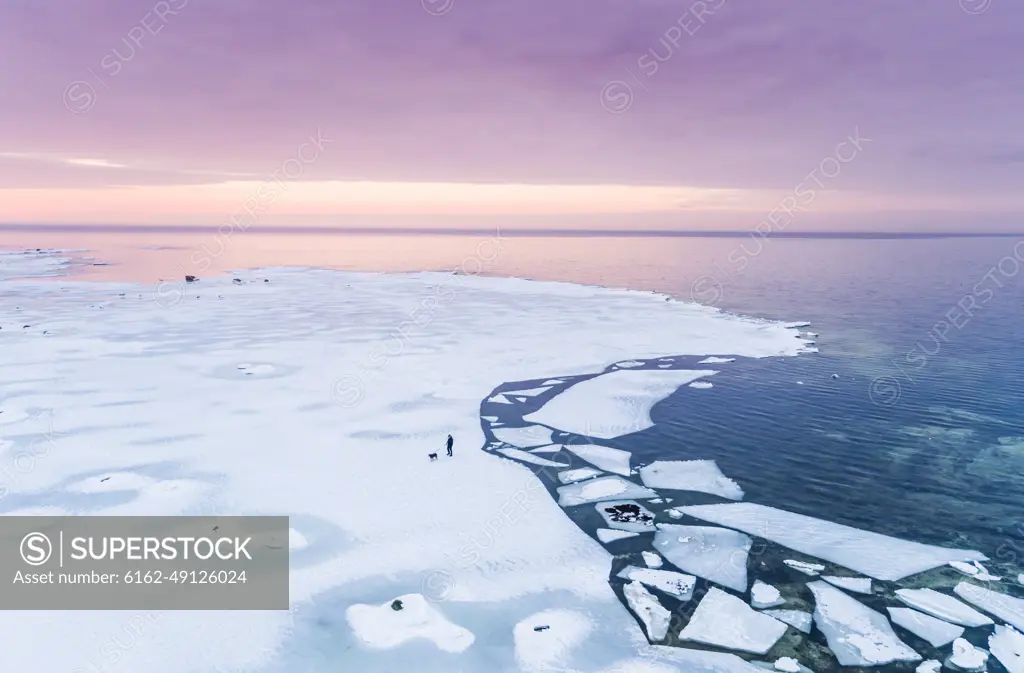 Aerial view of a man walking his dog on the frozen sea in Muraste at sunset, Estonia.