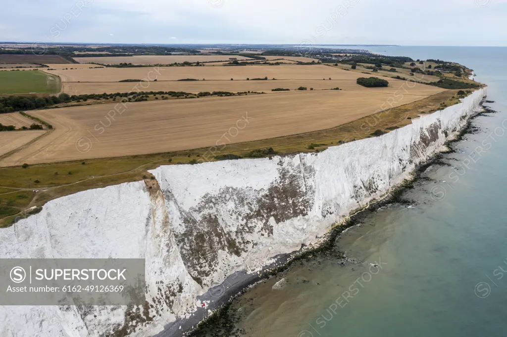 Aerial view of the white cliffs in St. Margaret's at Cliffe, Dover, England, United Kingdom.