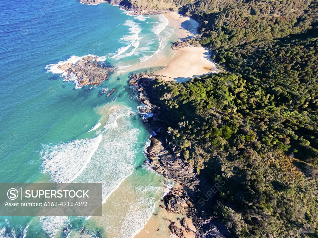 Aerial view looking straight down on North Smokey Beach, Arakoon National Park, New South Wales, Australia