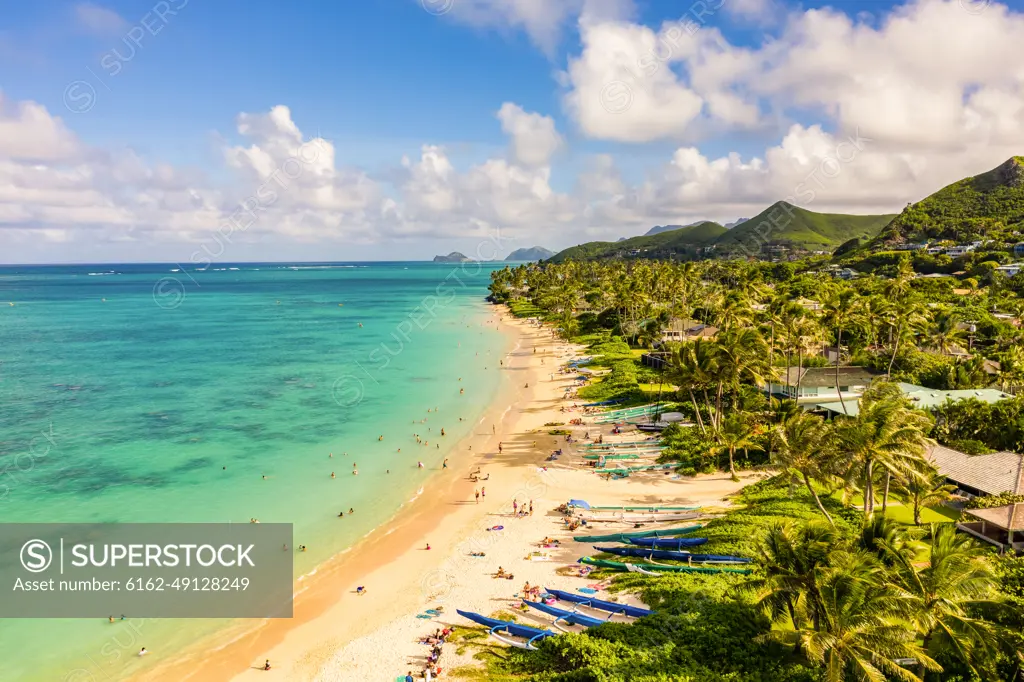 Aerial view of Lanikai Beach, Kailua Bay, Oahu, Hawaii, USA