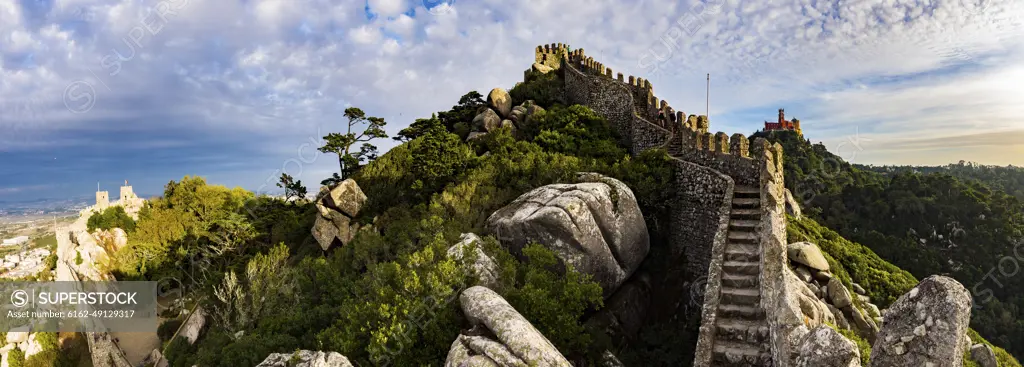 Panoramic view of the Moorish Castle (Castelo dos Morros), with Palace of Pena in the distance, Sintra, Portugal.