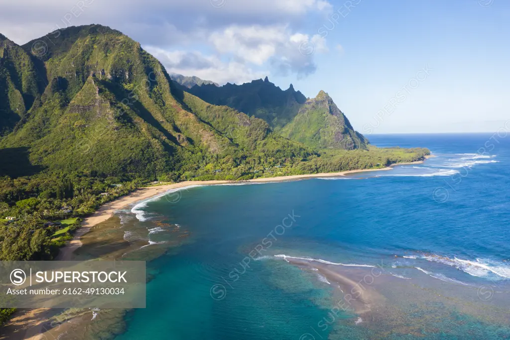 Aerial drone view of Haena Beach, aka Tunnels Beach, Kauai, Hawaii, USA.