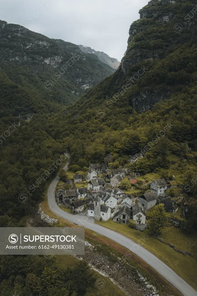 Aerial drone view of the stone village of Ritorto in Valmaggia, Maggia, Switzerland.