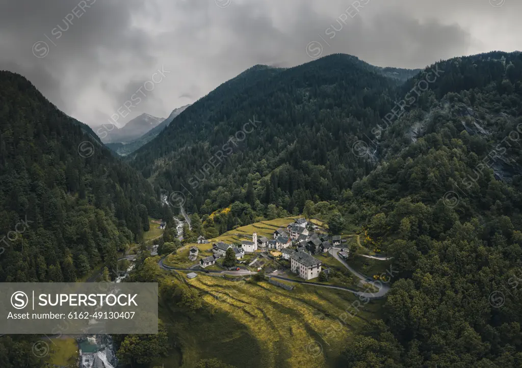 Aerial drone view of the stone village of Corino, Cerentino, Valmaggia, Switzerland.